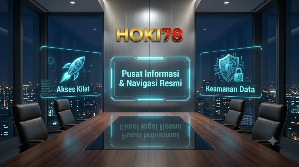 Contact Ruang rapat modern dengan suasana futuristik menampilkan logo HOKI78 di dinding. Di sisi kiri terdapat ikon roket dengan tulisan 'Akses Kilat', dan di sisi kanan terdapat ikon perisai dengan tulisan 'Keamanan Data', dengan tulisan pusat di tengah bertuliskan 'Pusat Informasi & Navigasi Resmi'.