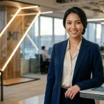 testimonial Jessica Mill, seorang wanita muda profesional Indonesia, berdiri dengan percaya diri di kantor modern HOKI78 Hub. Ia mengenakan setelan blazer biru formal, dengan latar belakang lingkungan kerja teknologi yang bersih dan dinamis.