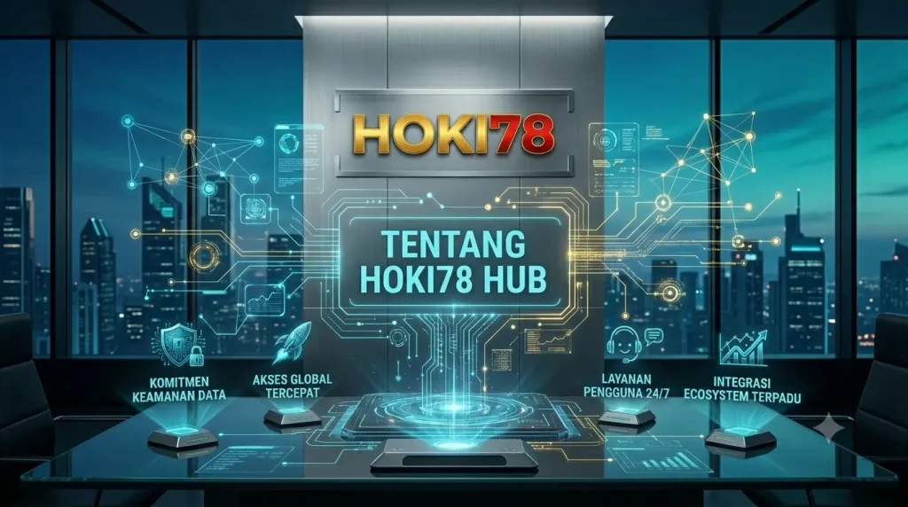 Sebuah visualisasi canggih dari HOKI78 Digital Hub yang menampilkan logo 'HOKI78' di atas portal energi siber yang bersinar. Gambar ini menonjolkan empat keunggulan utama: Keamanan Data Tinggi, Akses Hub Kilat, Layanan Bantuan 24/7, dan Integrasi Multi-Platform, masing-masing dengan ikon dan deskripsi dalam format UI teknologi biru neon yang futuristik.
